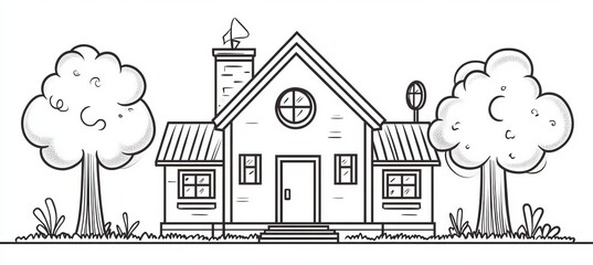 Fototapeta premium Charming House Surrounded by Trees and Grass in Detailed Outline Cartoon Style Illustration Scene