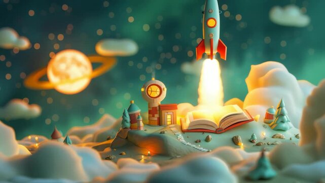 Dreamy scene of a rocket launching from an open book, embodying education, knowledge, creativity, and imagination for the back to school learning journey