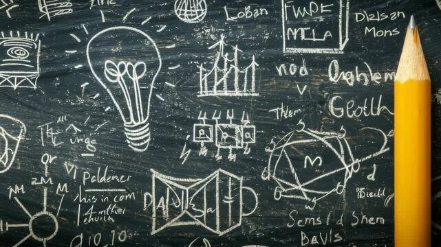 Creative ideas and knowledge drawings on a chalkboard with a yellow pencil symbolizing back to school learning education and imaginative school life concepts