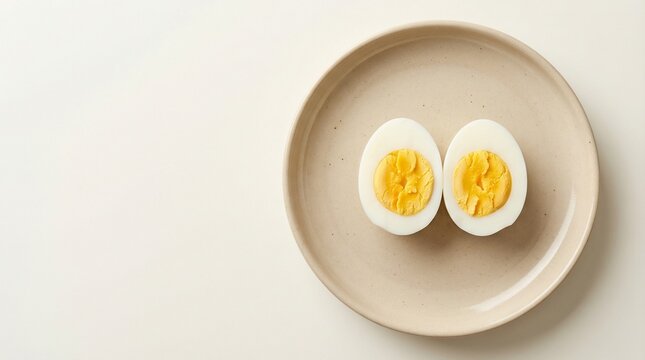 Sliced boiled egg halves on beige plate against soft background -  