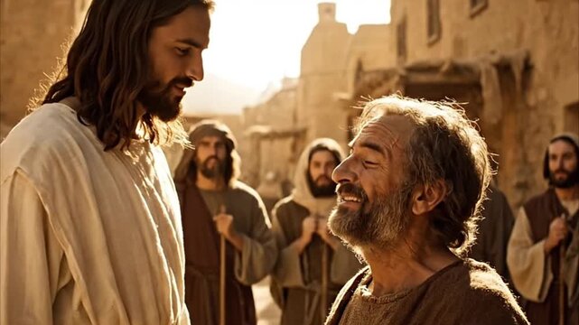 Jesus compassionate miracle healing sick man on street giving sight to blind biblical story concept
