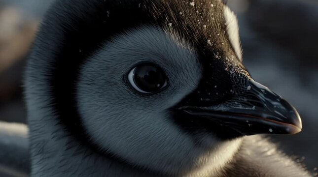 Close-up of a penguin chick's face with a striking black and white pattern.