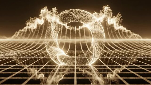 Abstract golden torus floating above a grid with particle wave background, creating a futuristic and ethereal scene.