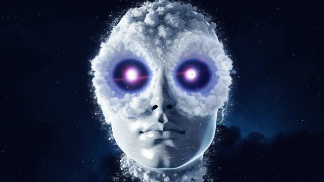 cinematic video human head formed entirely drifting white silver clouds, floating dark cosmic space, slow cloud motion shaping face neck eyes closed first head movement toward camera, eyes slowly open
