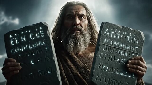 Tablets of the Covenant, two stone slabs with Ten Commandments inscription, biblical scene, Mount Sinai revelation, Moses receives God's law, Bible video concept