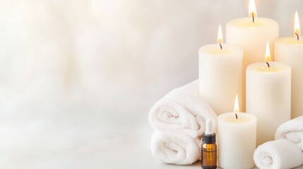 Serene Candlelight: A collection of softly glowing candles, accompanied by rolled white towels and an essential oil bottle. a composition evokes peace and tranquility in a spa setting.