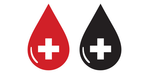 Obraz premium Blood drop icons with medical cross symbols in red and black isolated on white background