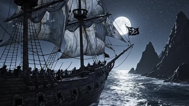 Audacious pirate ship sails under moonlit night, crew bracing waves beside jagged rocks. Under stars