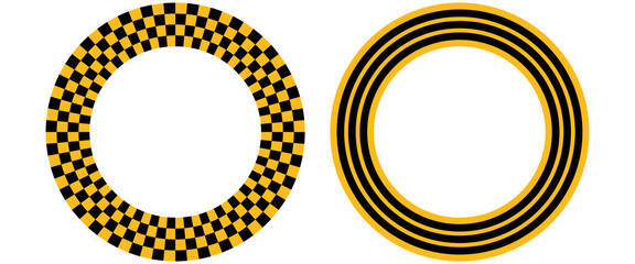 Set of taxi car marking stripes or caution tapes isolated on white background. Black and yellow checkered and striped textures. Forbidden, safety, danger or warning ribbons. Vector flat illustration © Nur