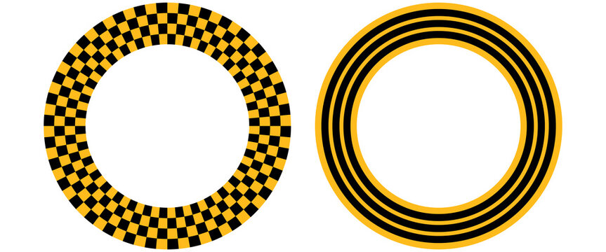 Set of taxi car marking stripes or caution tapes isolated on white background. Black and yellow checkered and striped textures. Forbidden, safety, danger or warning ribbons. Vector flat illustration