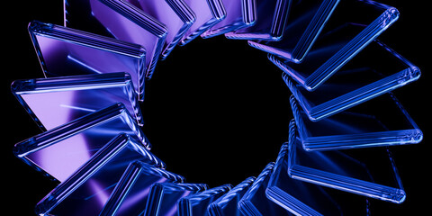Abstract futuristic iridescent glass shapes circle with neon reflections glossy transparent panels and curved ribbons on dark tech background for UI web ads wallpaper 3d rendering © IM_VISUALS