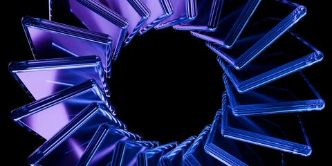 Abstract futuristic iridescent glass shapes circle with neon reflections glossy transparent panels and curved ribbons on dark tech background for UI web ads wallpaper 3d rendering © IM_VISUALS