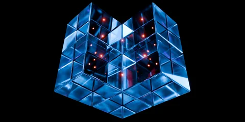 Abstract futuristic iridescent glass shapes cube with neon reflections glossy transparent panels and curved ribbons on dark tech background technology wallpaper 3d rendering © IM_VISUALS