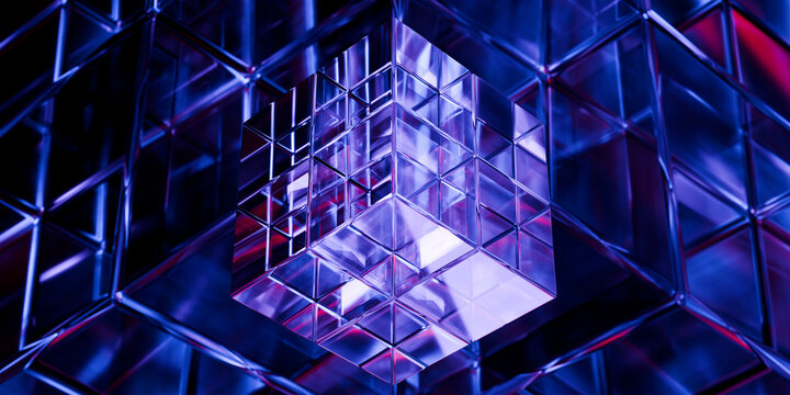 Abstract futuristic iridescent glass shapes cube with neon reflections glossy transparent panels and curved ribbons on dark tech background for UI web ads wallpaper 3d rendering