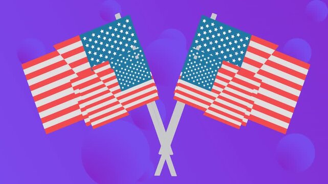 Animation of crossed flags of america multiplying and moving over purple spheres and white dots