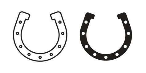 Horseshoe icons, outline and filled, symbolizing luck, good fortune, and equestrian activities.