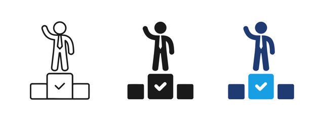 Leadership and achievement concept of person standing on podium with raised hand, celebrating victory, symbolizing success, top ranking, competition winner, award ceremony and goal accomplishment