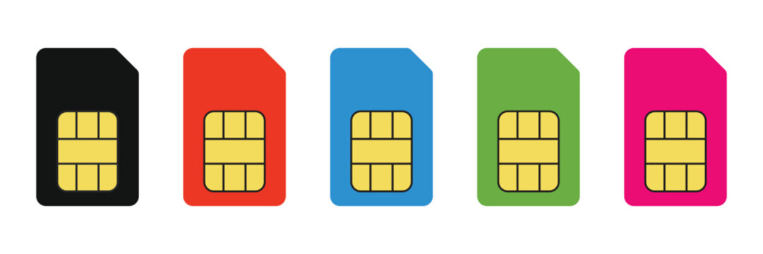 Sim card icon set. Multiple colored mobile sim cards with chip vector illustration.