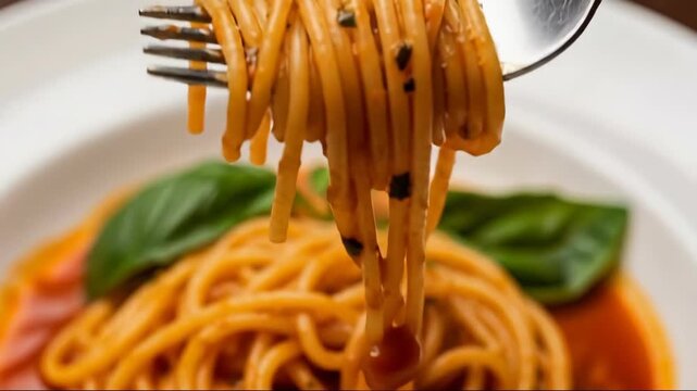 Fork twirling spaghetti above tomato sauce with fresh basil in italian cuisine scene