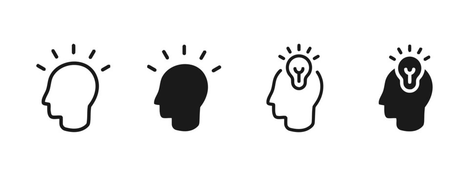 Idea concept icon set with person silhouette and light bulb or radiating lines, representing innovation, creativity and thinking, outline and filled vector graphics.