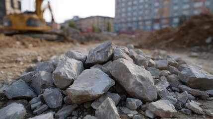 Pile of grey construction rubble and stones in foreground with blurred excavator on site