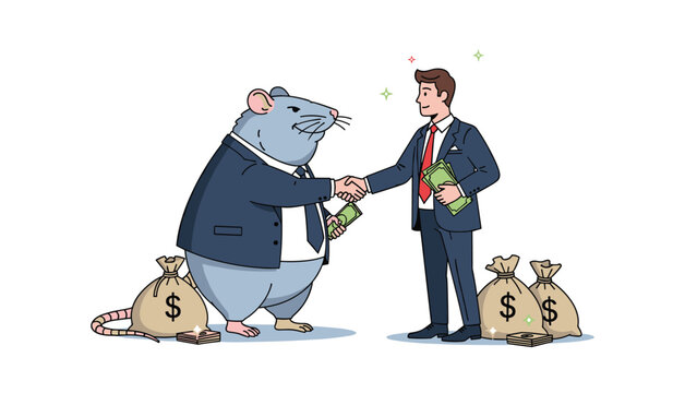 Businessman shaking hands with large rat in suit symbolizing corruption and unethical business deals involving illegal money bags.