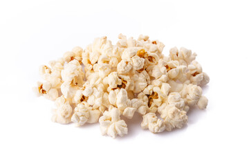 Delicious popcorn on a white background.	