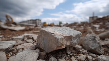 Fototapeta premium Close up of rough concrete rubble at a construction demolition site with blurred background hinery