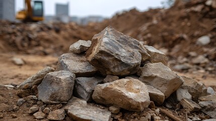 Fototapeta premium A pile of rocks and debris sits on a construction site with an excavator in the background