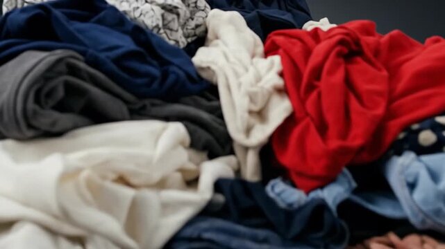 Large pile of colorful clothing and textiles, creating a chaotic and disorganized heap.