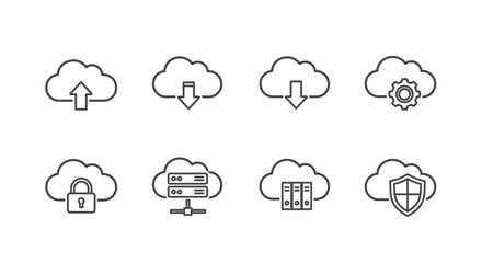 Obraz premium Cloud computing icons representing data storage and network security in a line art style