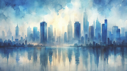 Obraz premium Abstract watercolor city skyline at dawn vertical rectangular brush strokes vector background 