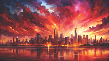 Fototapeta premium Abstract watercolor city skyline at dawn vertical rectangular brush strokes vector background 