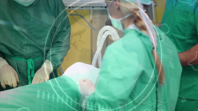 Animation of data processing over caucasian surgeons during surgery