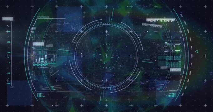 Animation of viewfinder, data and glitch in black digital space