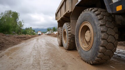 Obraz premium Close up of large muddy dump truck wheels on a wet construction road under an overcast sky
