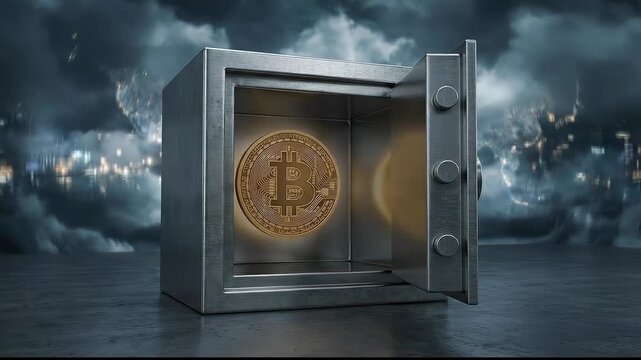 Secure steel safe protecting bitcoin as a safe haven asset during global financial crisis.