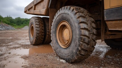 Obraz premium Close up of large mud covered dump truck wheels resting in a wet quarry