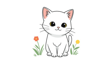 Obraz premium Adorable white cartoon kitten with big eyes sitting among small colorful flowers on a plain white background in a simple and clean artistic style.