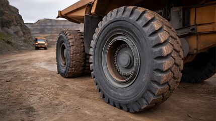 Obraz premium Massive muddy tires of a heavy duty dump truck on a dusty quarry road