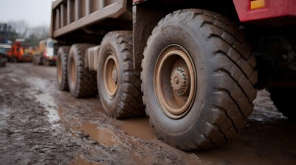 Close up view of large muddy wheels of a heavy duty dump truck on a wet construction site