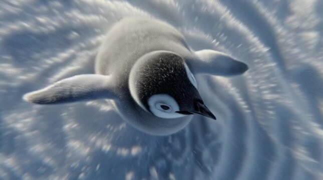 Aerial view of a penguin swimming in icy waters with a stunning, swirling pattern.