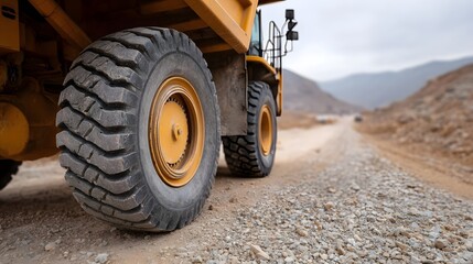 A close up view of the massive tire and wheel of a yellow dump truck on a rough gravel road within a barren mining or construction site