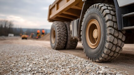 Obraz premium Close up view of heavy yellow dump truck wheels on a gravel surface at an outdoor construction site