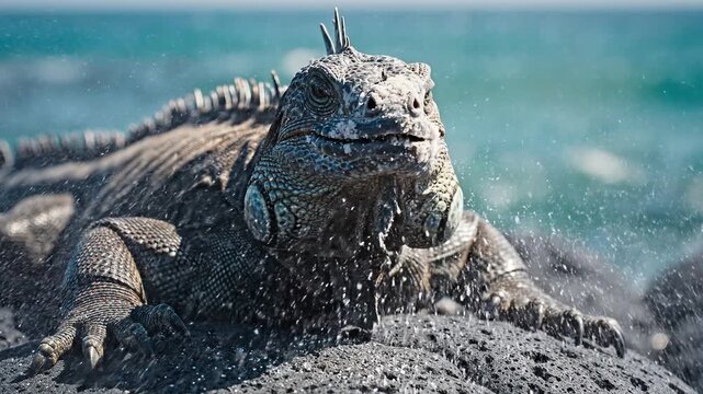 Marine Iguana Basking and Salt Sneezing
