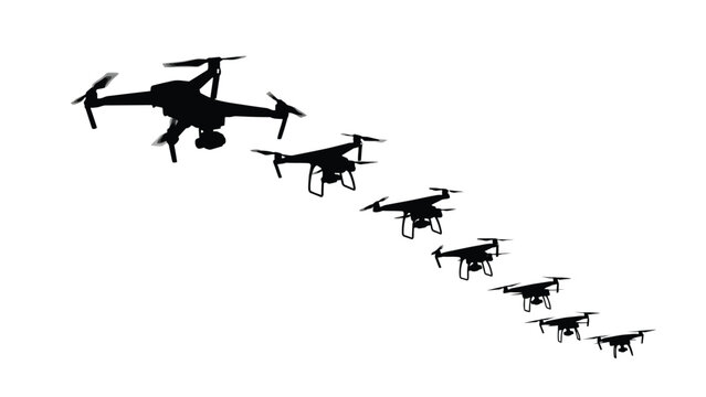 Silhouette formation of multiple quadcopter drones flying in a diagonal line