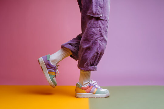Trendy multicolored sneakers with purple pants set against a striking, colorful background, showcasing fashion and vibrant style.