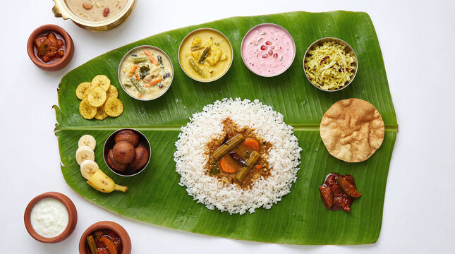 Onam Sadya. Traditional Kerala Onam Sadya Feast Served on Banana Leaf with Rice and Vegetarian Dishes, kerala food, Kerala, india