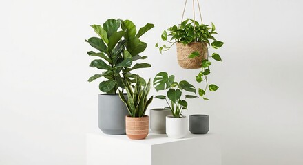 A diverse collection of popular indoor houseplants in stylish ceramic pots arranged on a clean white background for modern home decor and botanical concepts