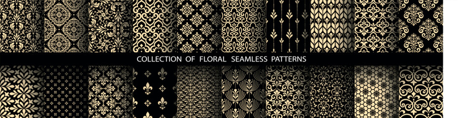 Geometric floral set of seamless patterns. Golden and black vector backgrounds. Damask graphic ornaments